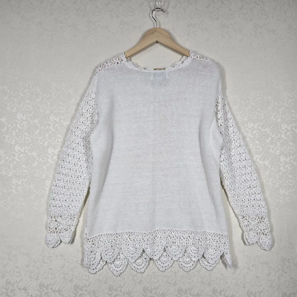 VTG Venezia Crochet Cardigan Sweater 14/16 Ivory Pearls Grandmacore Cottagecore